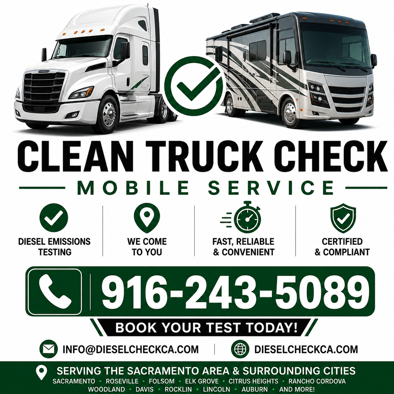 Mobile Clean Truck Check promotional graphic with phone number and Sacramento service area